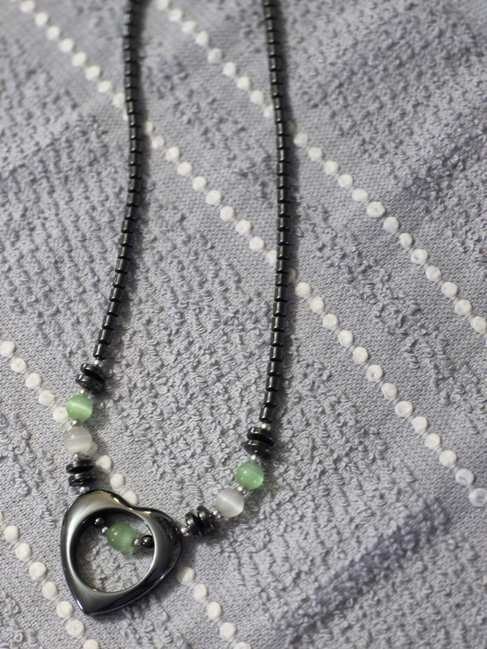 Heart Pendant Hematite Necklace with Green and White Beads